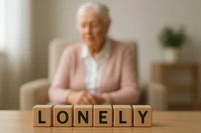 Wooden Blocks Spelling Lonely With Blurred Senior Woman