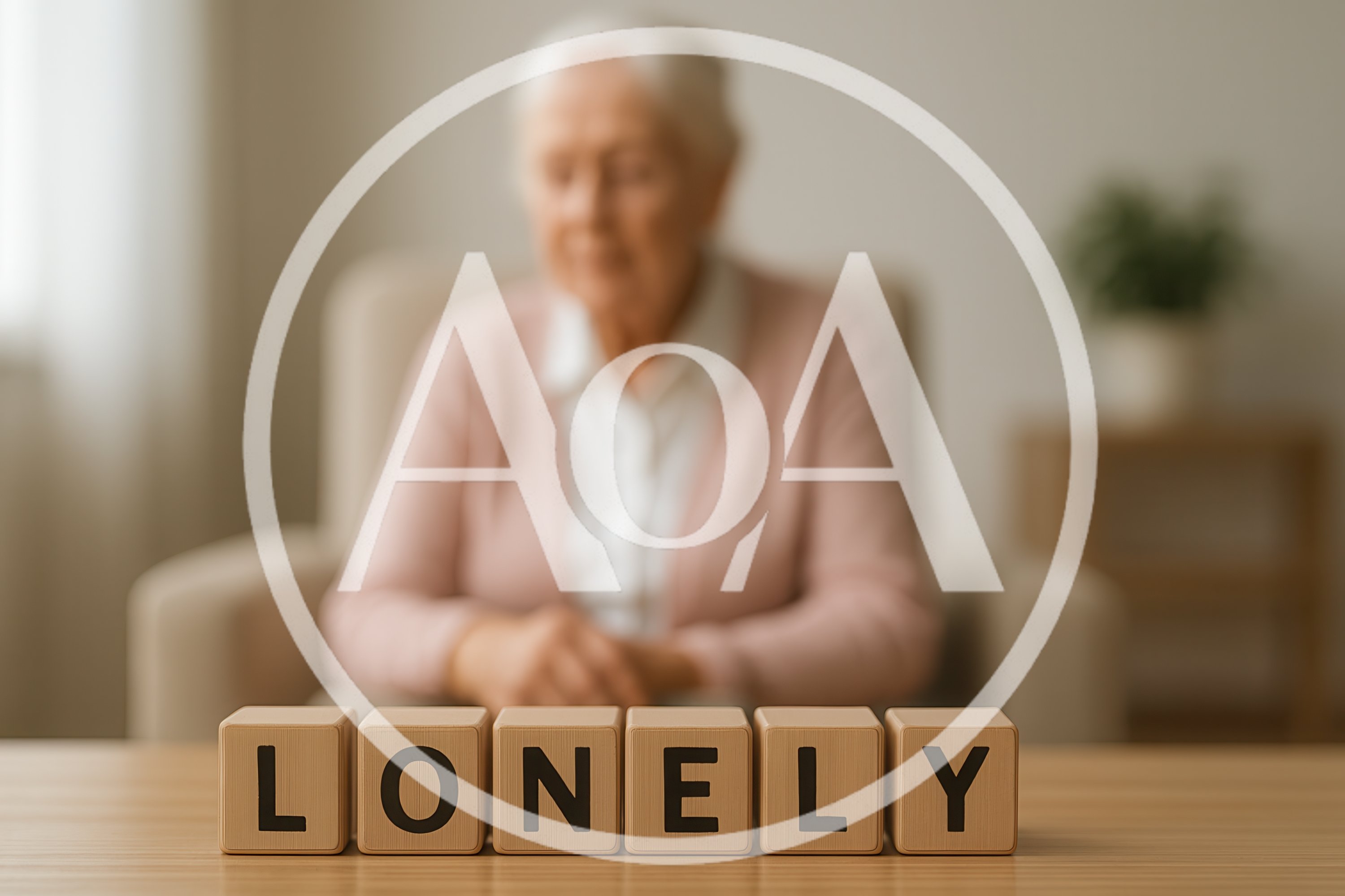 Wooden Blocks Spelling Lonely With Blurred Senior Woman