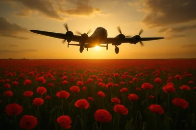 Vintage Bomber Aircraft Flying Over A Poppy Field