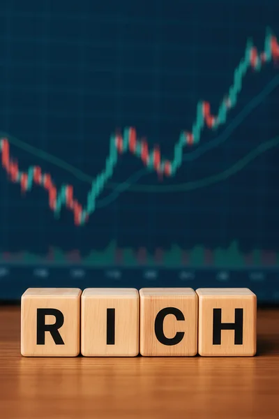 Wooden Blocks Spelling Rich In Front Of Stock Chart