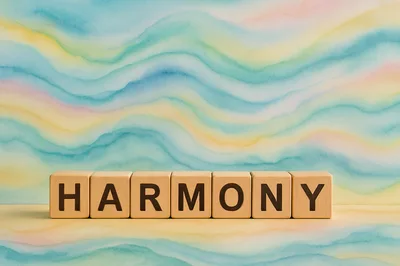 Wooden Blocks Spelling Harmony On Watercolor Background