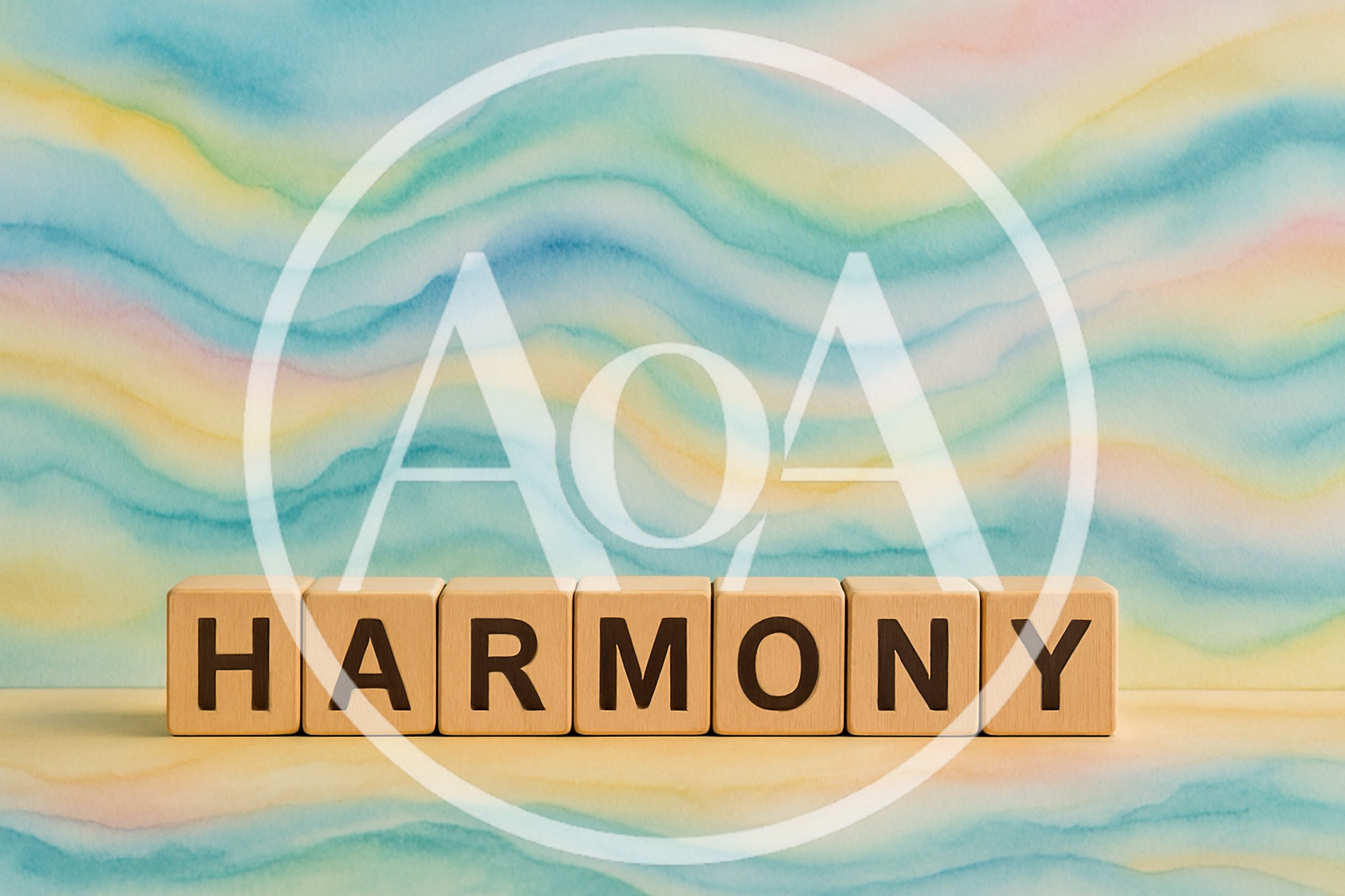 Wooden Blocks Spelling Harmony On Watercolor Background