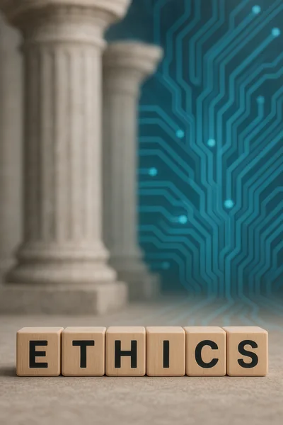 Wooden Blocks Spelling Ethics With Digital Circuit Background