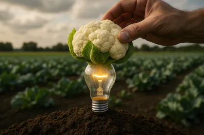 Hand Holding Cauliflower Over Glowing Light Bulb In Field