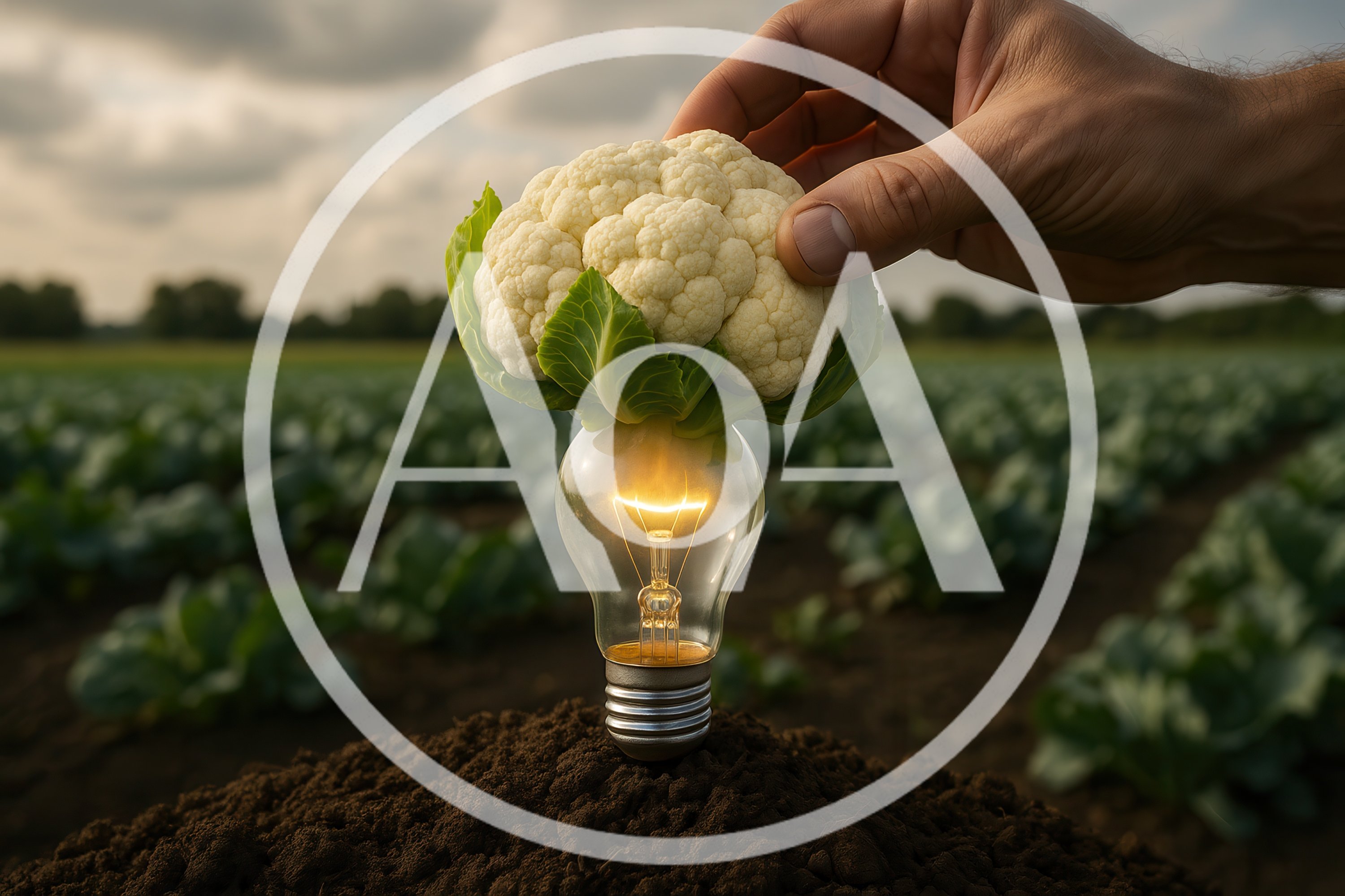 Hand Holding Cauliflower Over Glowing Light Bulb In Field