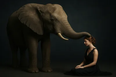 Woman Sitting With An Elephant In Studio