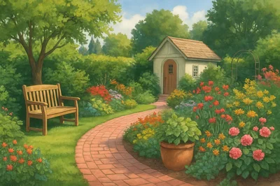 Serene Garden Path With Wooden Bench And Shed