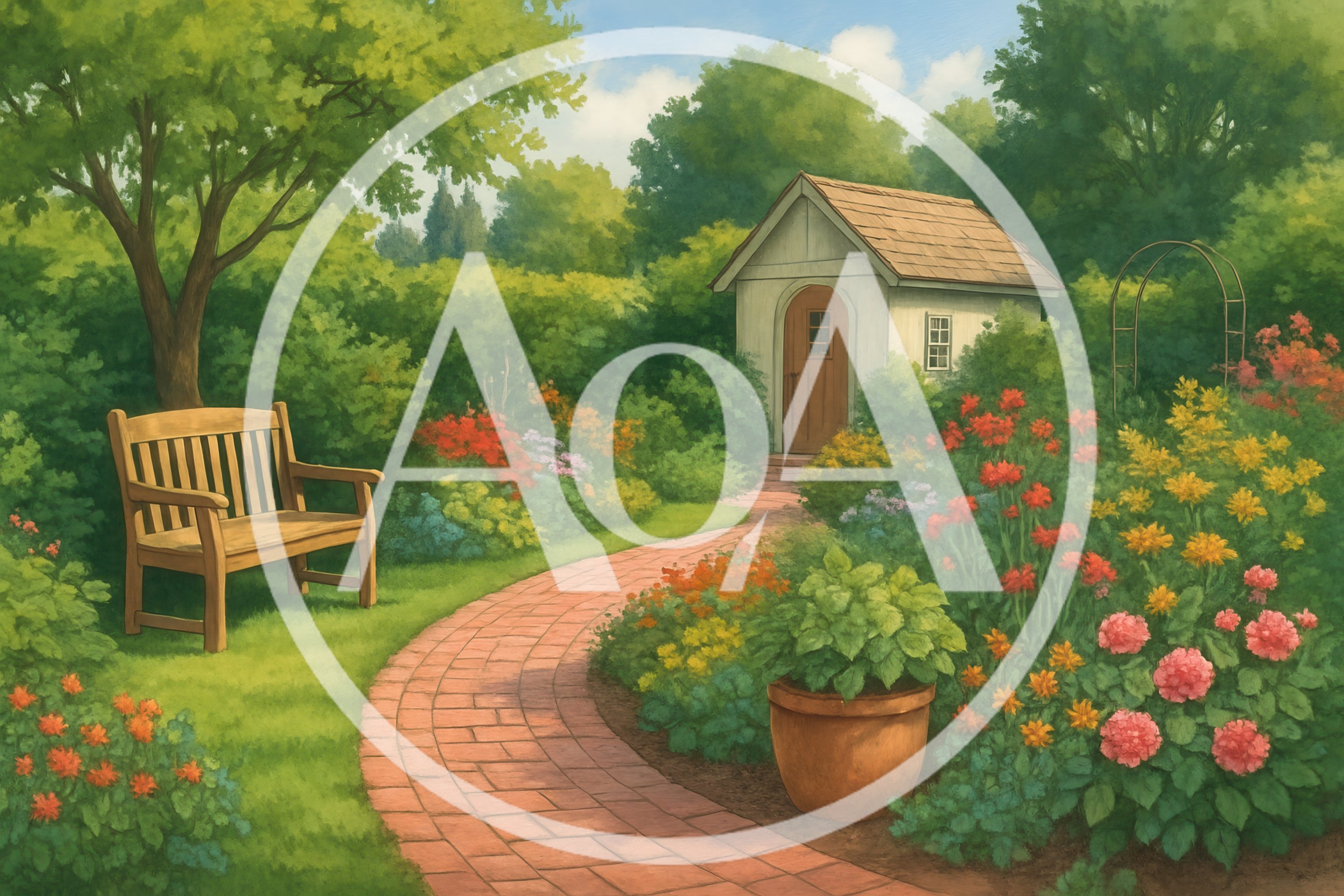 Serene Garden Path With Wooden Bench And Shed