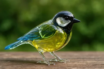 Glass Great Tit Figurine On Wooden Surface