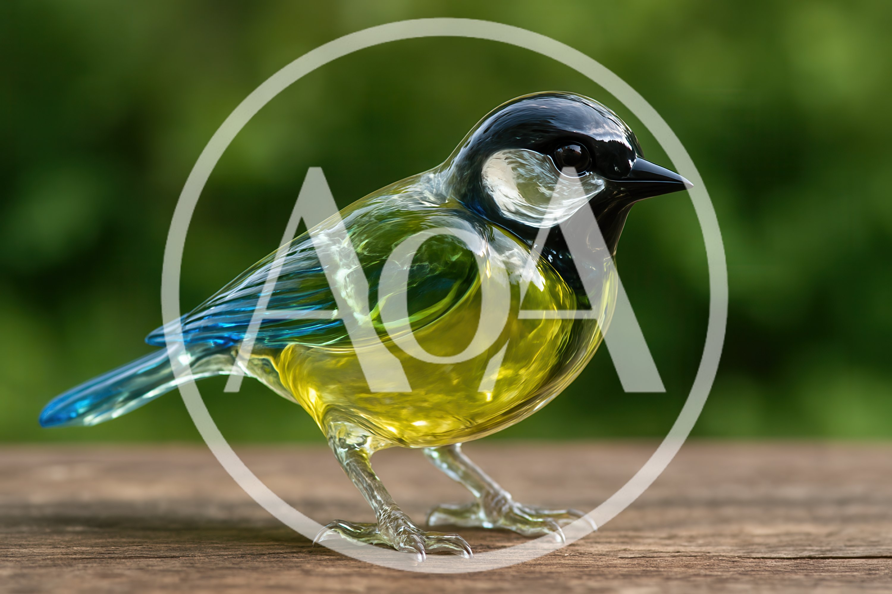Glass Great Tit Figurine On Wooden Surface