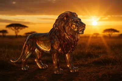 Golden Glass Lion Statue In African Savannah Sunset