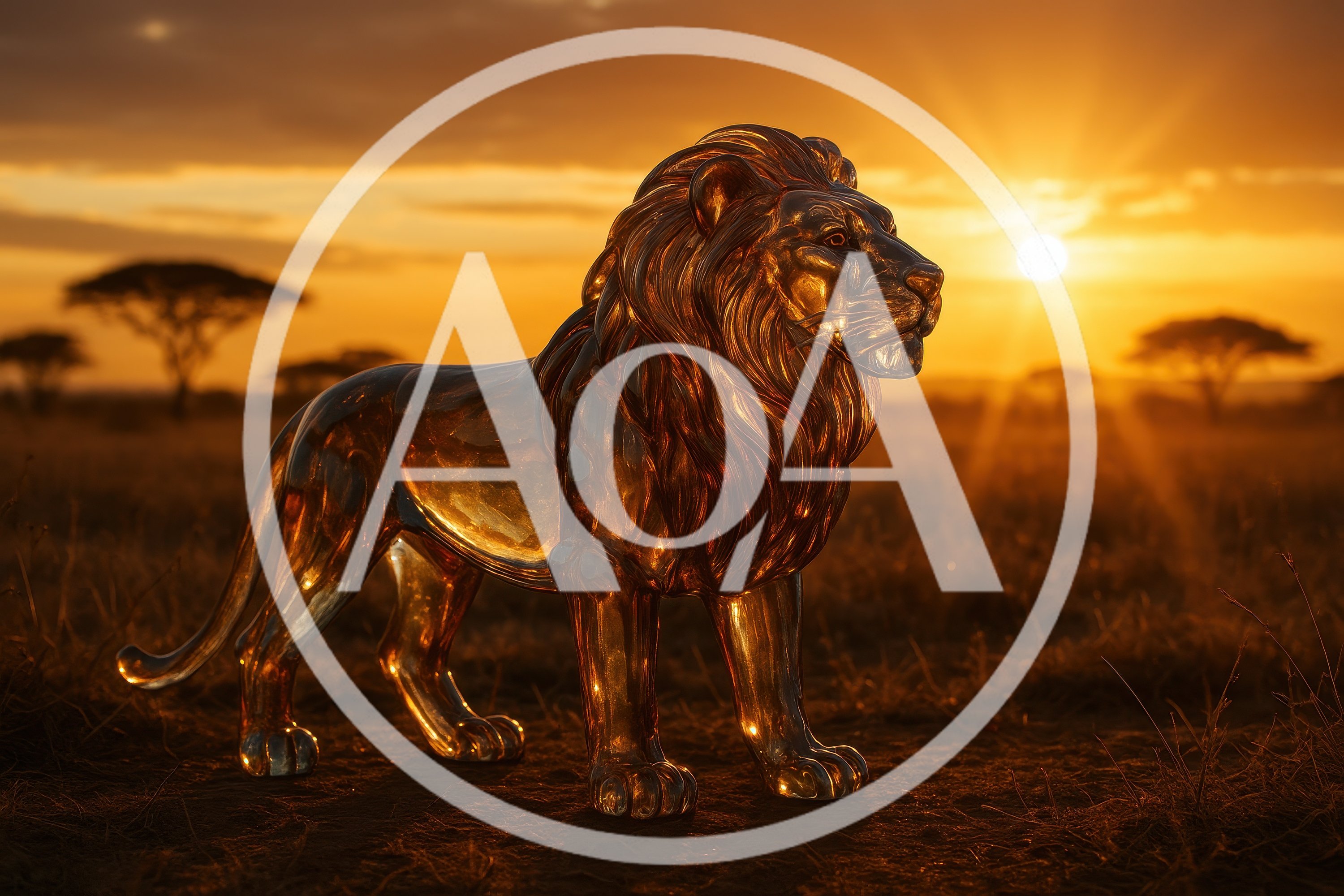 Golden Glass Lion Statue In African Savannah Sunset
