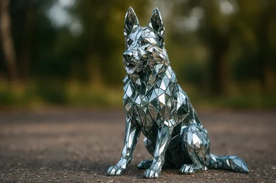 Mirrored Geometric German Shepherd Sculpture Outdoors