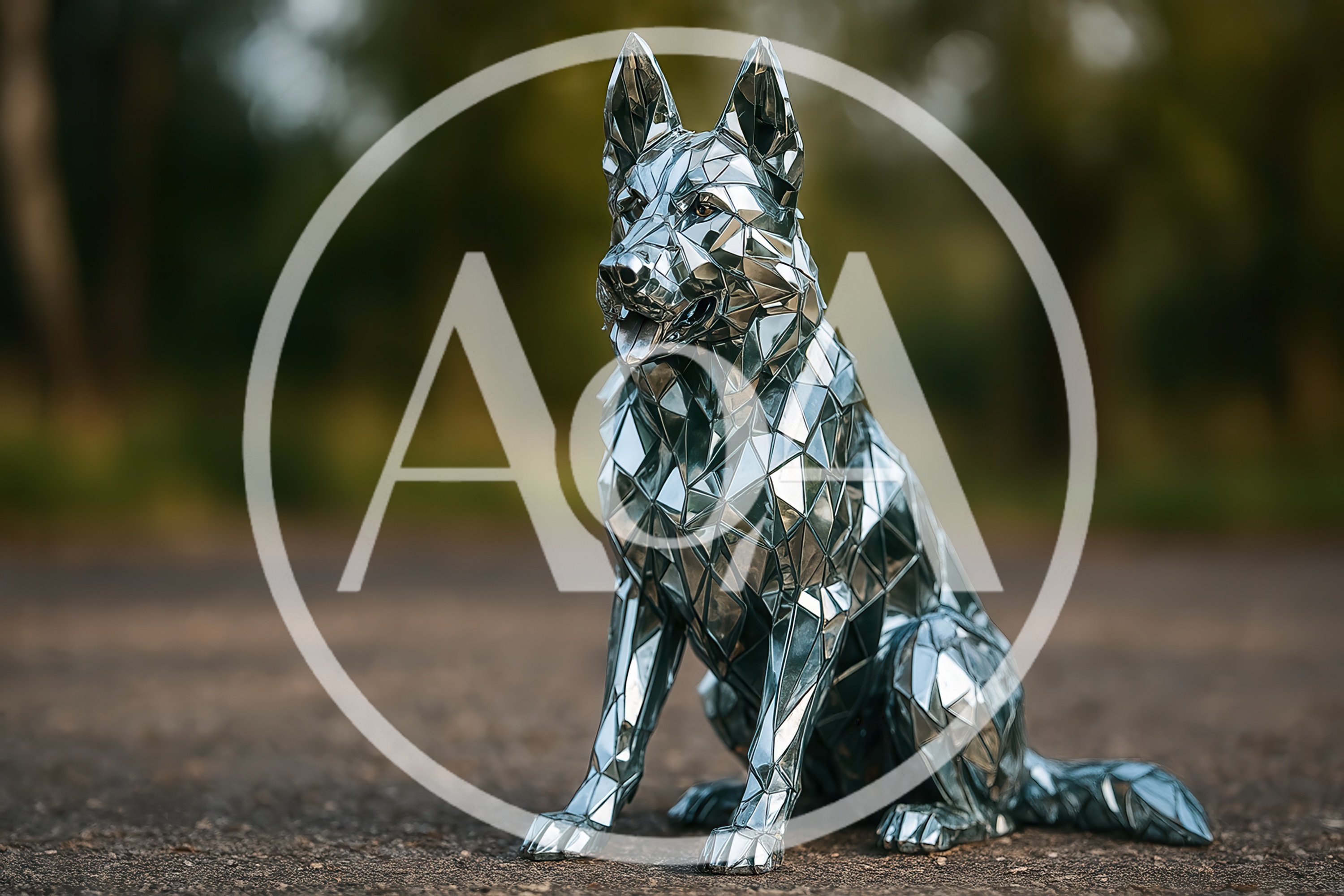 Mirrored Geometric German Shepherd Sculpture Outdoors