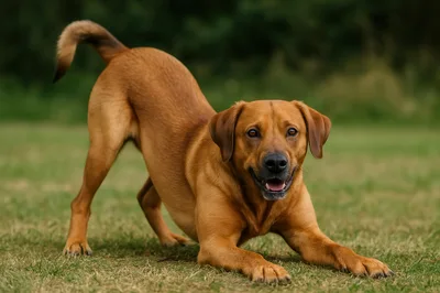 Playful Fox Red Labrador Retriever Bowing on Grass