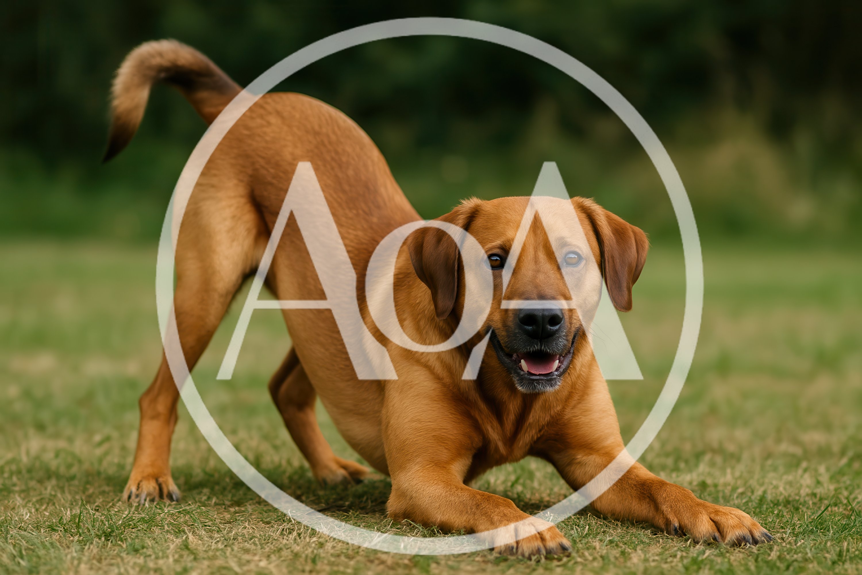 Playful Fox Red Labrador Retriever Bowing on Grass