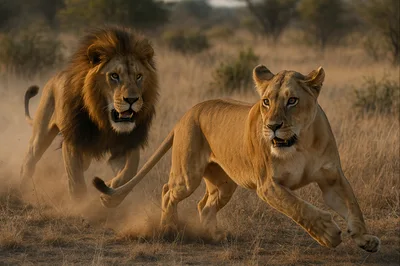 Male Lion Chasing A Lioness In The Savannah
