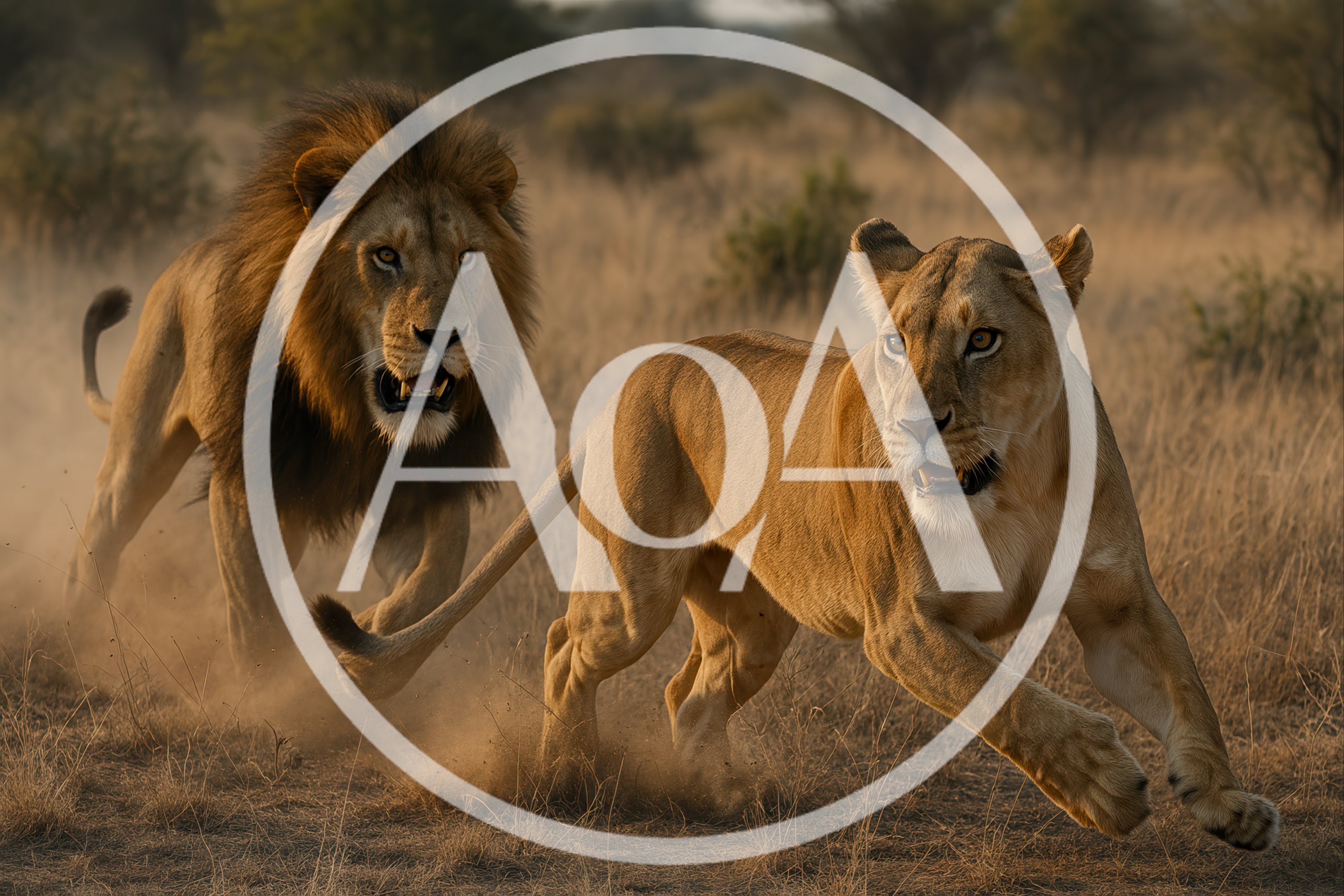Male Lion Chasing A Lioness In The Savannah