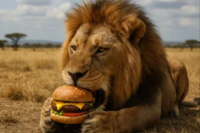 Majestic Lion Eating A Cheeseburger In The Savannah
