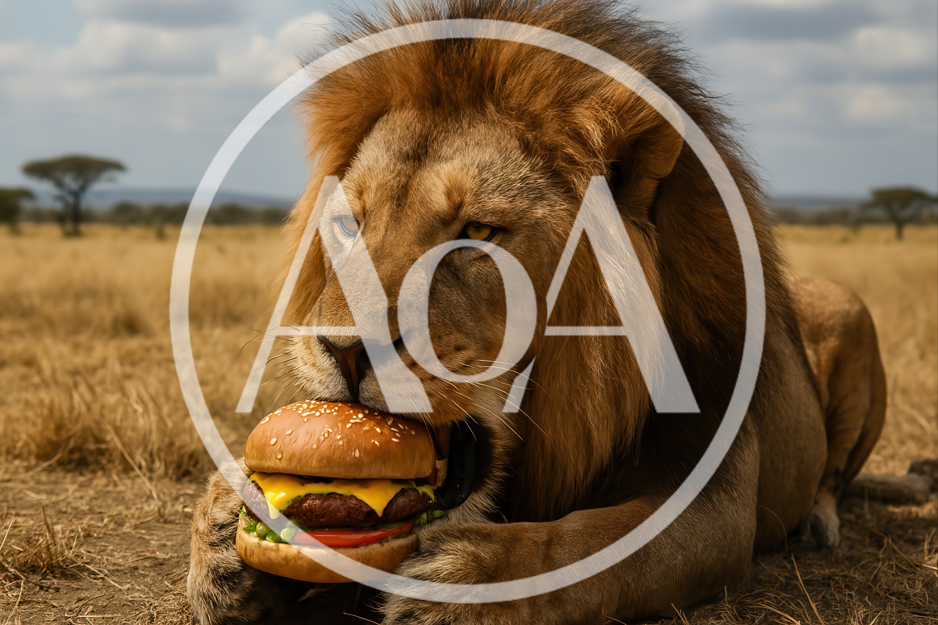 Majestic Lion Eating A Cheeseburger In The Savannah
