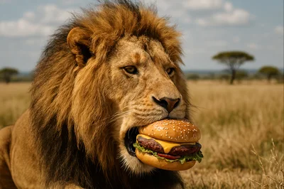 Majestic Lion Holding A Cheeseburger In Its Mouth