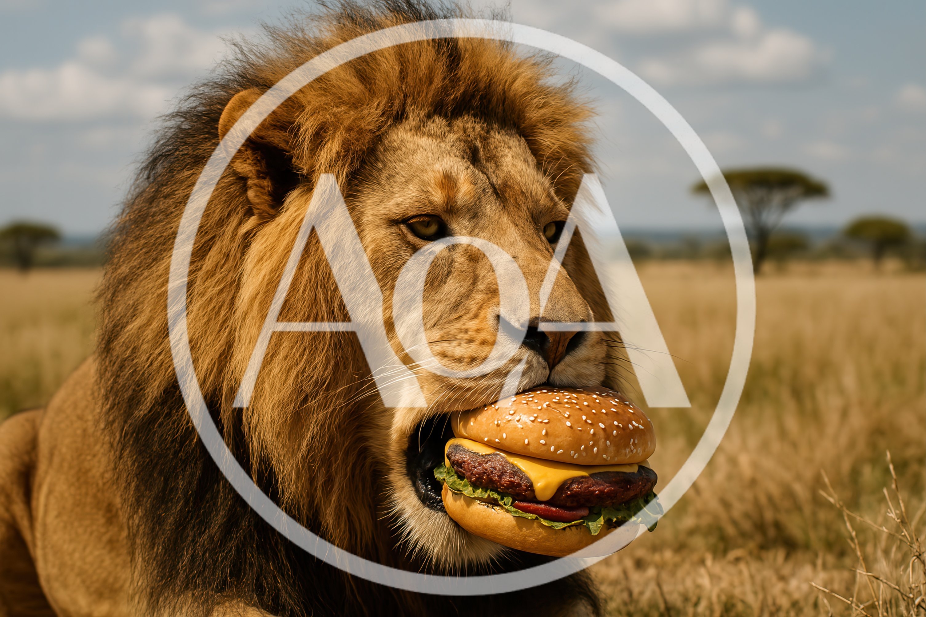Majestic Lion Holding A Cheeseburger In Its Mouth