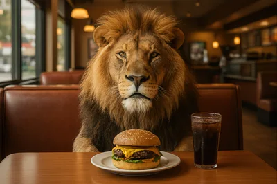 Majestic Lion Sitting at a Restaurant Booth