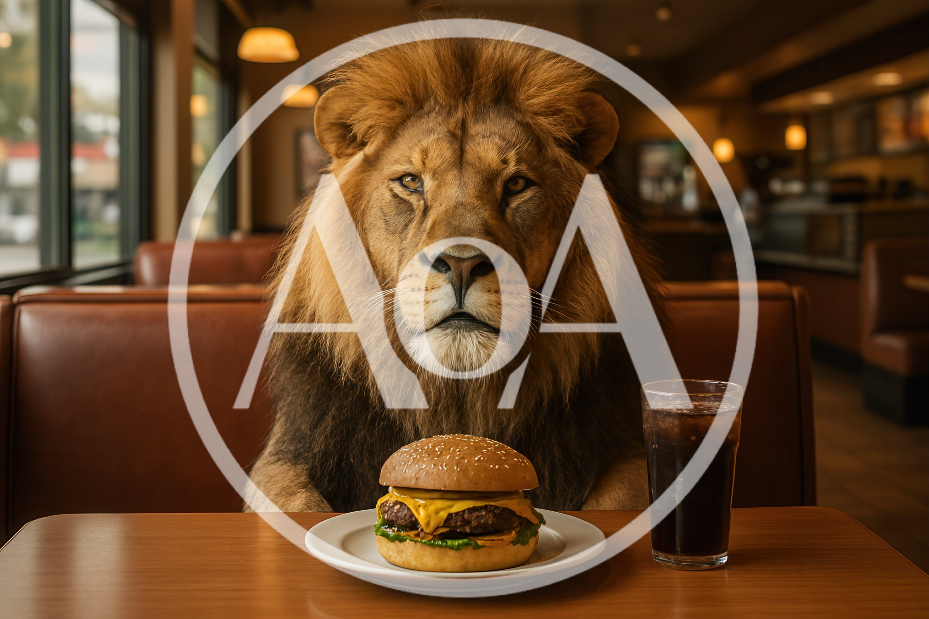 Majestic Lion Sitting at a Restaurant Booth