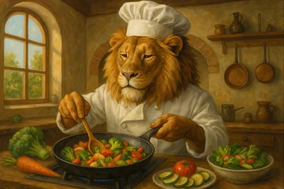 Anthropomorphic Lion Chef Cooking Vegetables In Kitchen