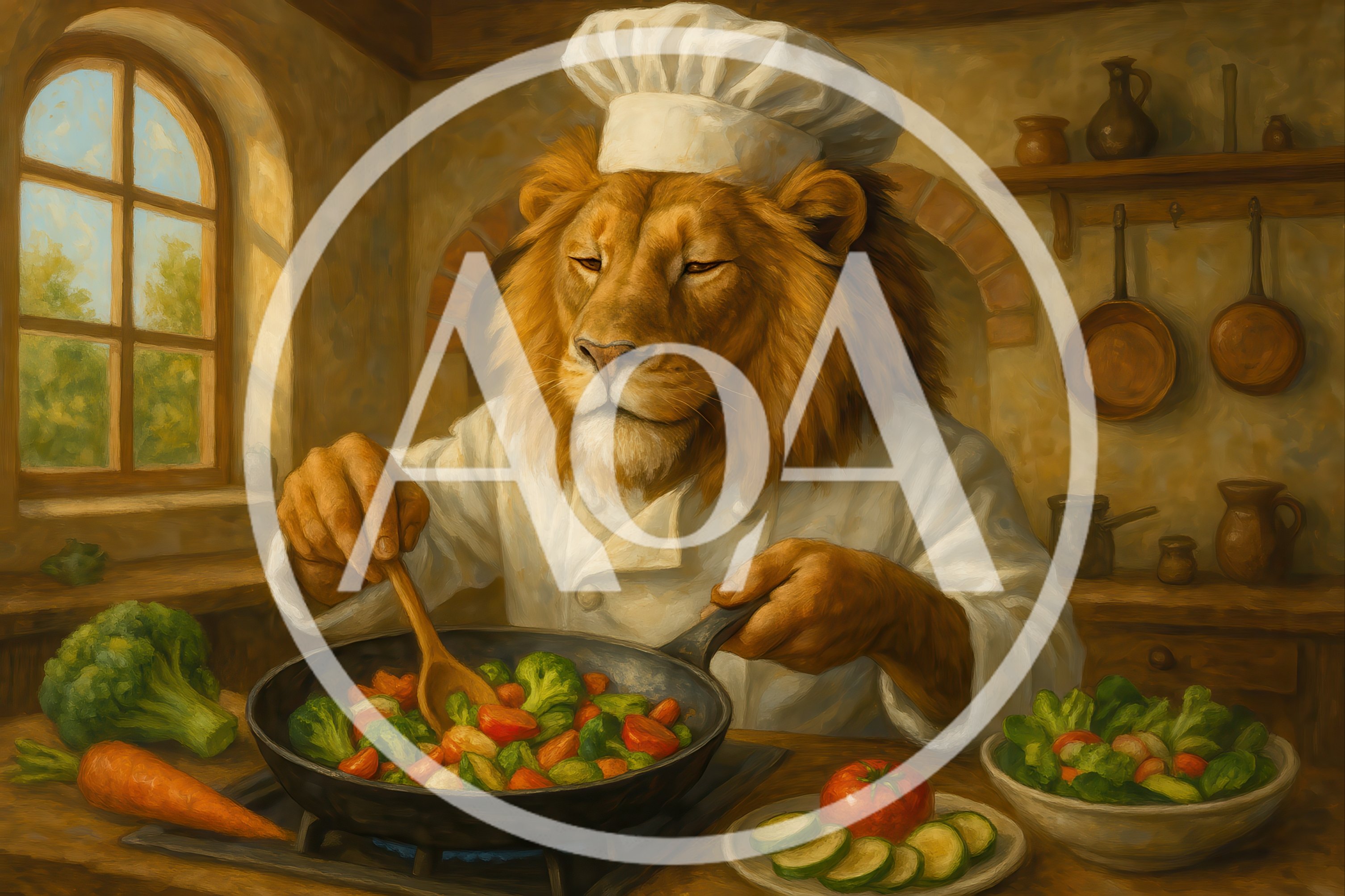 Anthropomorphic Lion Chef Cooking Vegetables In Kitchen