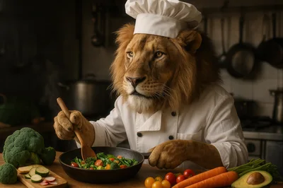 Anthropomorphic Lion Chef Cooking Vegetables In Kitchen
