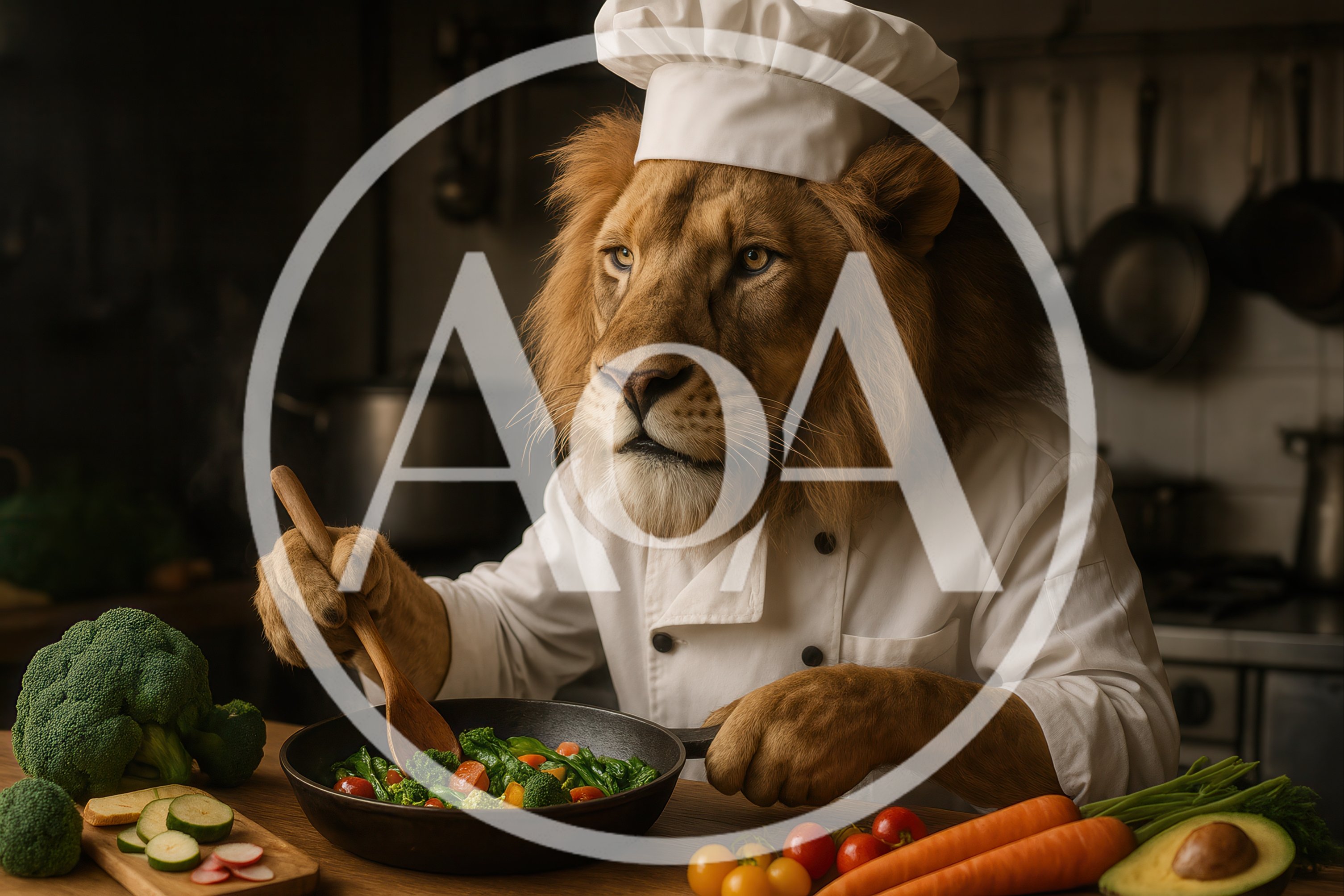 Anthropomorphic Lion Chef Cooking Vegetables In Kitchen