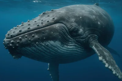 Humpback Whale Swimming Underwater In Deep Blue Ocean