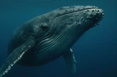 Humpback Whale Swimming Underwater In Deep Blue Ocean