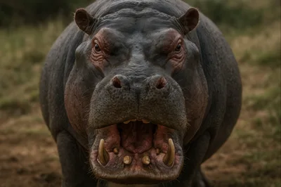 Aggressive Hippopotamus Facing Camera With Open Mouth