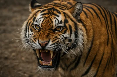 Aggressive Tiger Growling With Bared Fangs