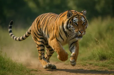 Majestic Bengal Tiger Running Through Grassy Field