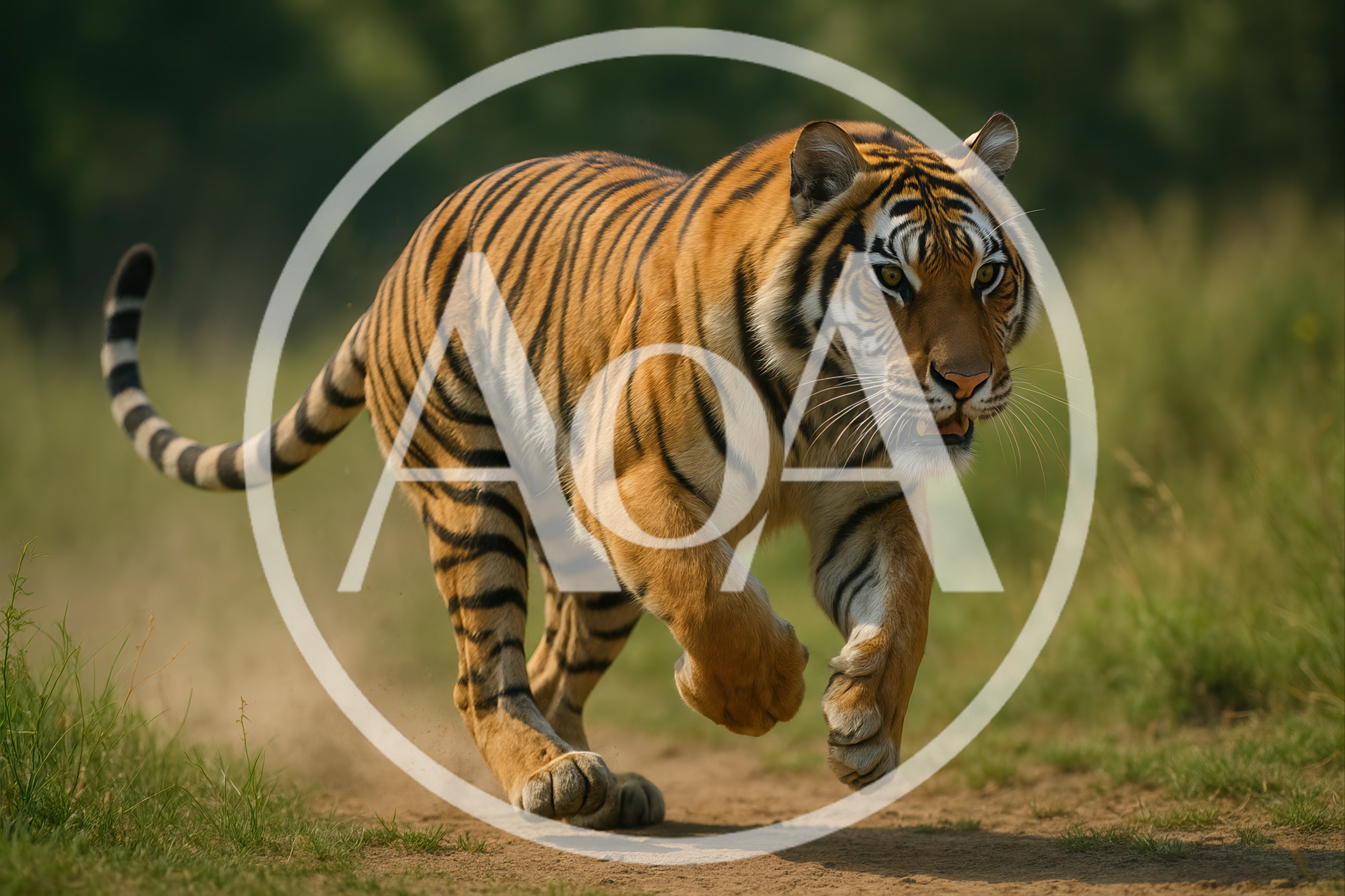Majestic Bengal Tiger Running Through Grassy Field