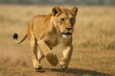 Lioness Running Across The African Savanna