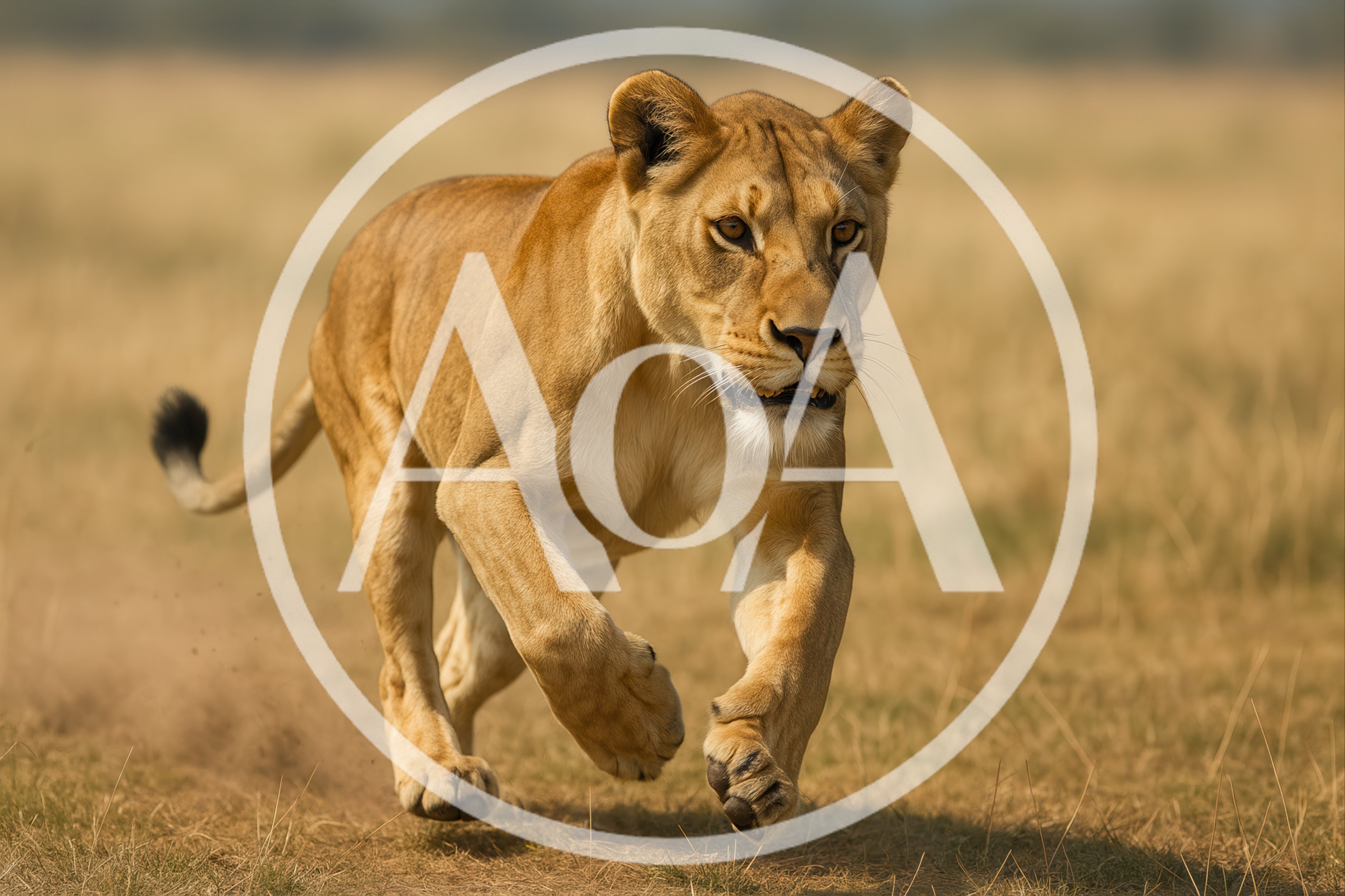 Lioness Running Across The African Savanna