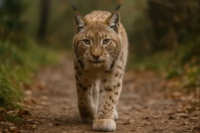 Eurasian Lynx Walking Along A Forest Path