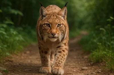 Eurasian Lynx Walking Along A Forest Path
