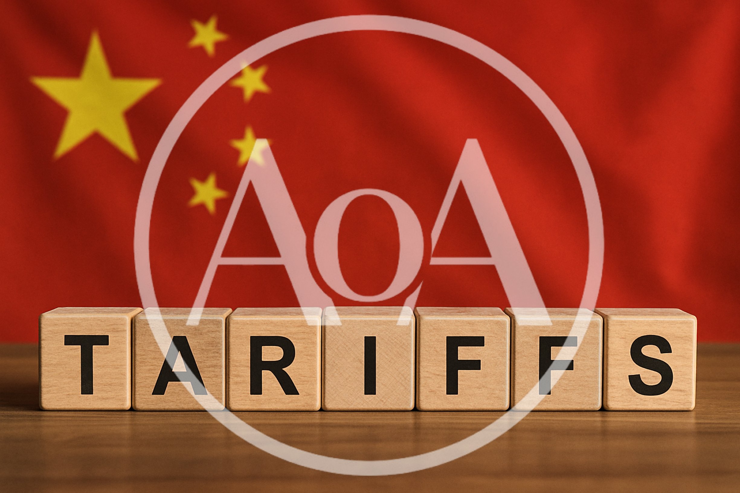 Wooden Blocks Spelling Tariffs Against Chinese Flag Background