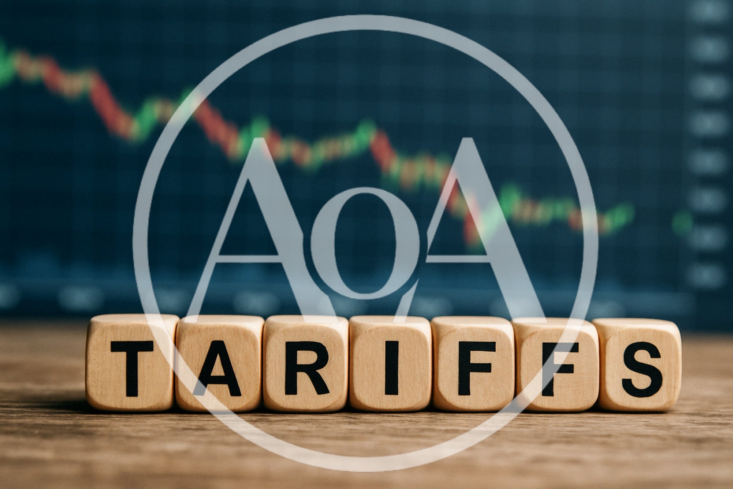 Wooden Blocks Spelling Tariffs Against A Stock Market Chart