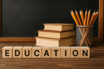Wooden Blocks Spelling Education With Books And Pencils