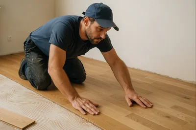 Professional Worker Installing Hardwood Flooring In A Room