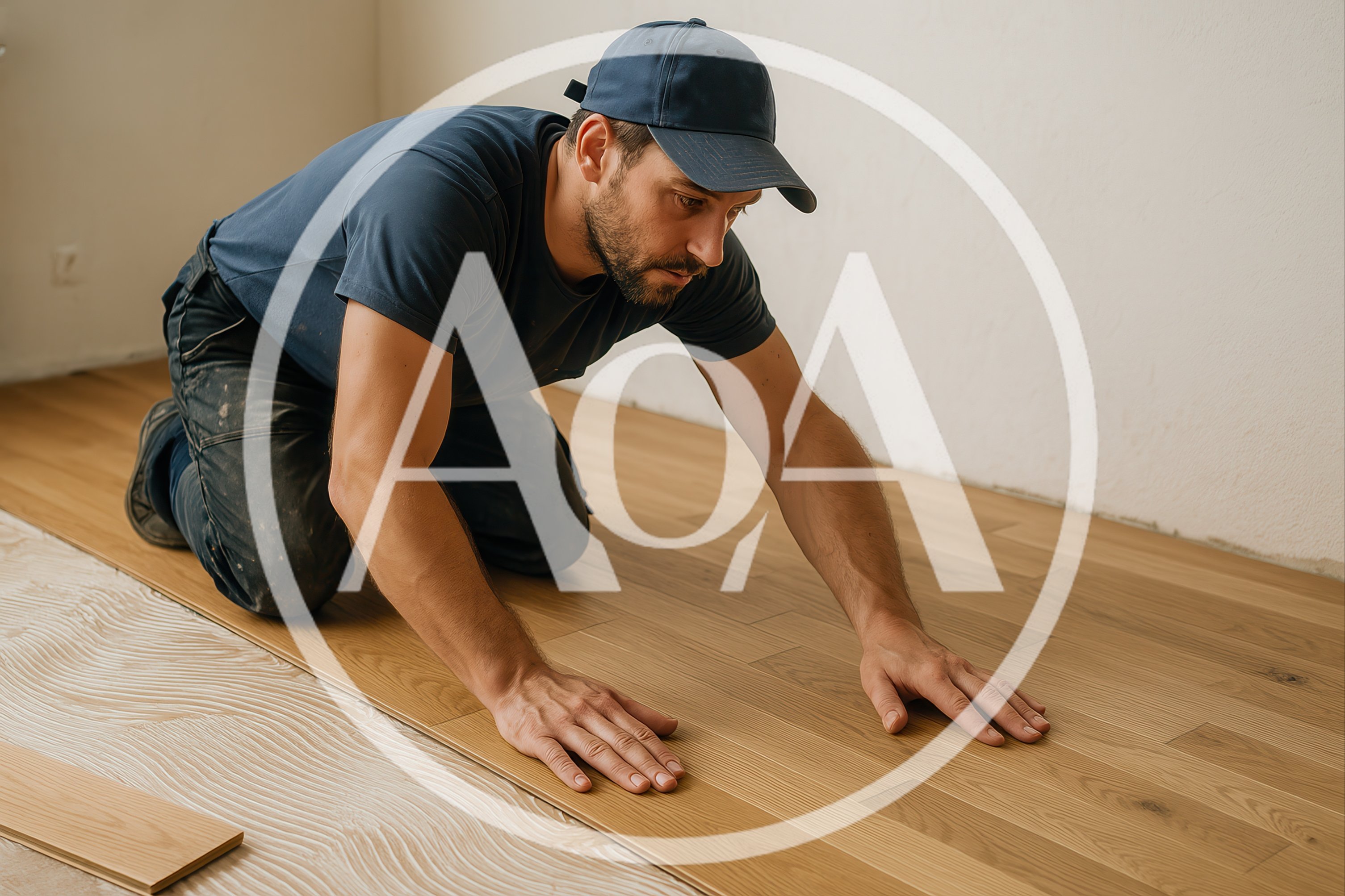 Professional Worker Installing Hardwood Flooring In A Room