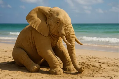 Sand Sculpture Of An Elephant On A Beach