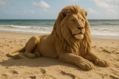 Sand Sculpture Of A Majestic Lion On The Beach