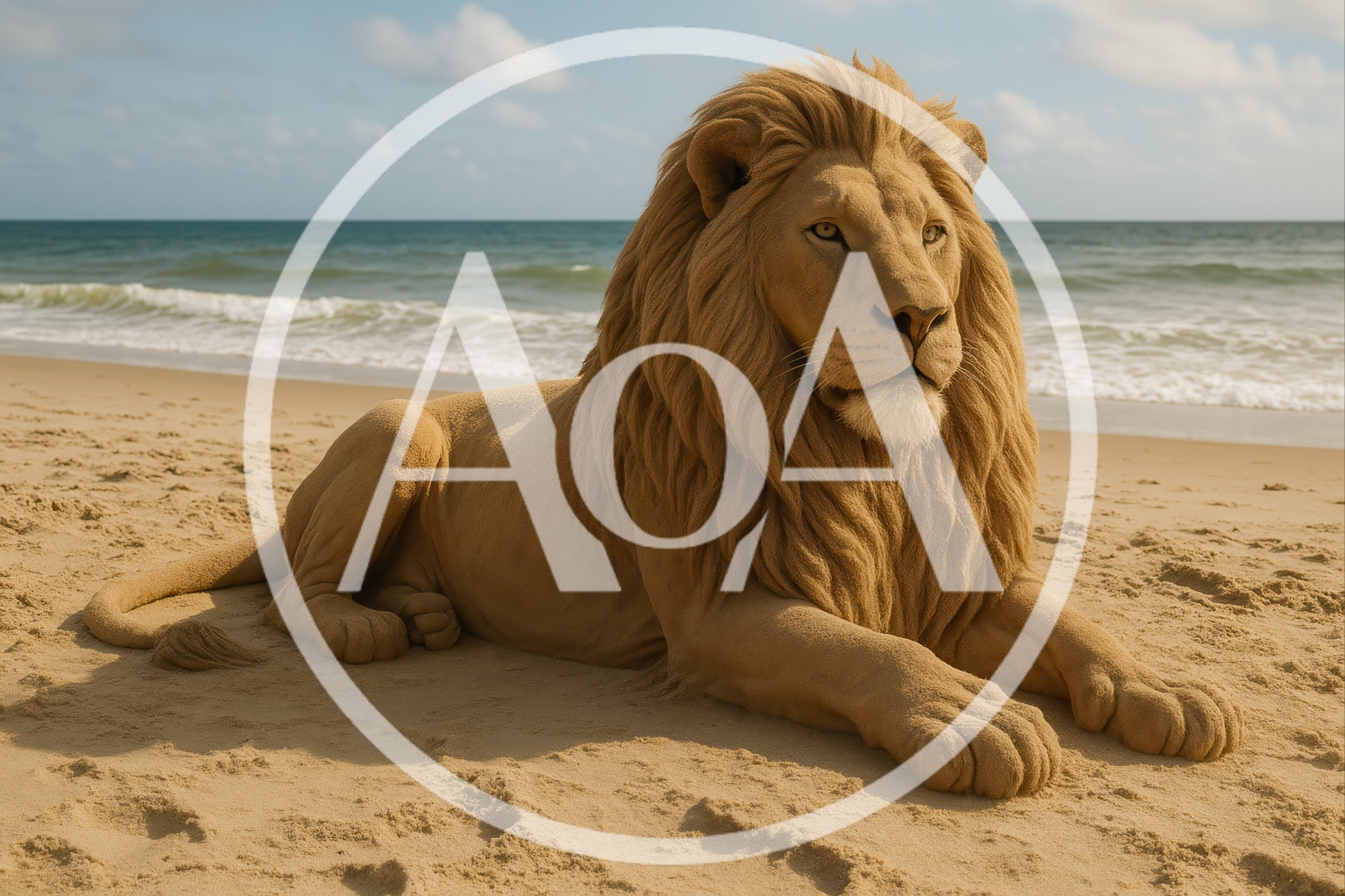 Sand Sculpture Of A Majestic Lion On The Beach